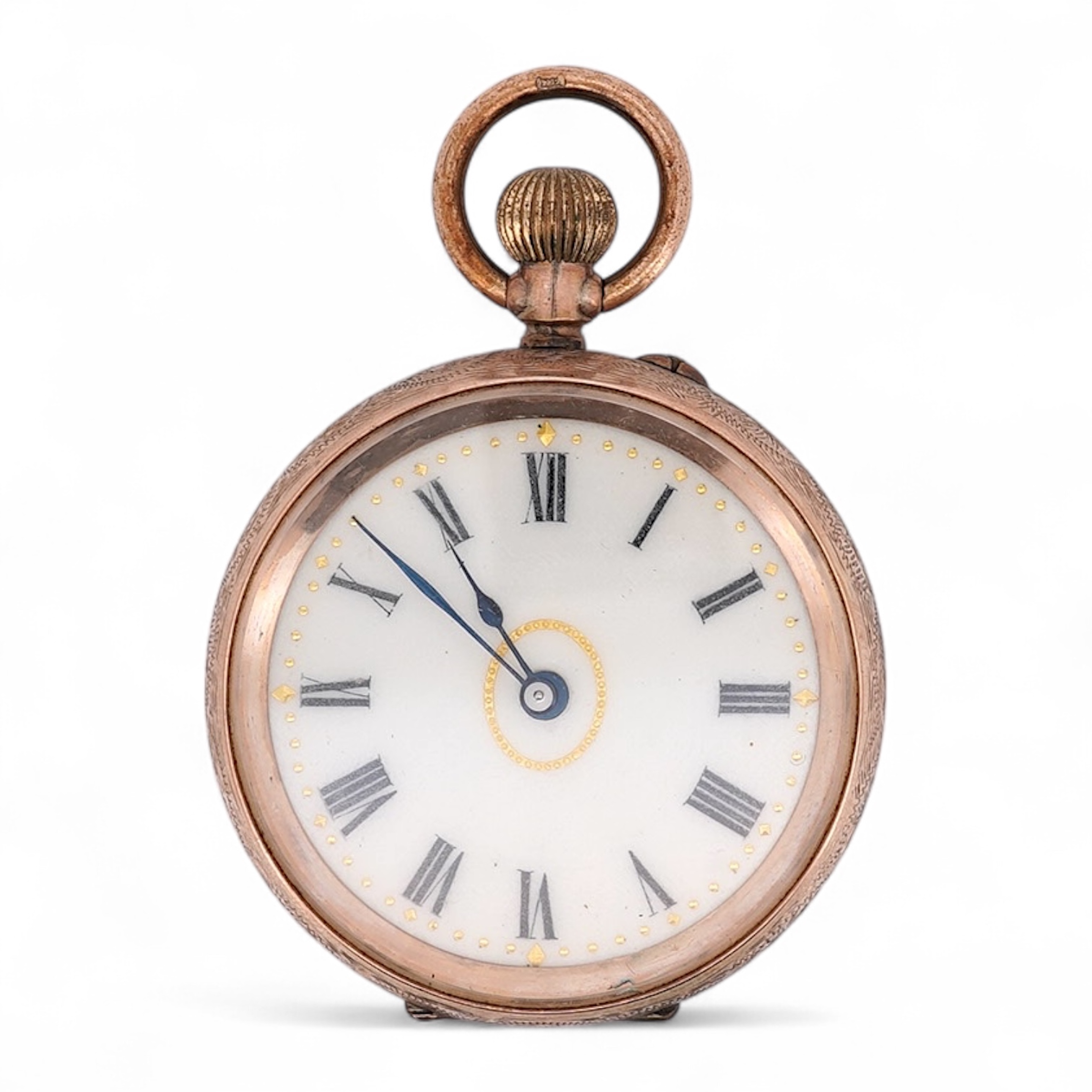 An early 20th century continental 9k open faced fob watch, with Roman dial, 34mm, gross weight 30.5 grams. Condition - poor to fair